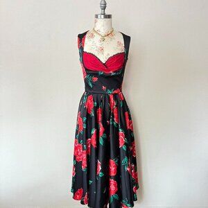 Laura‎ Byrnes black floral a line midi dress womens size small